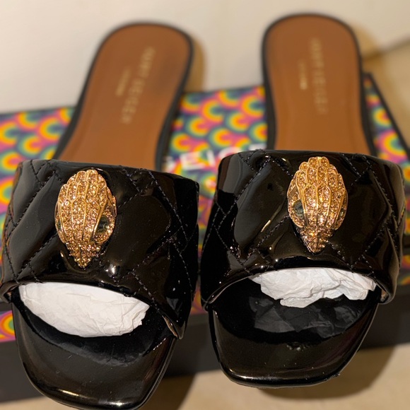 Kurt Geiger Black Patent Mules with Gold Embellishment - Picture 2 of 7